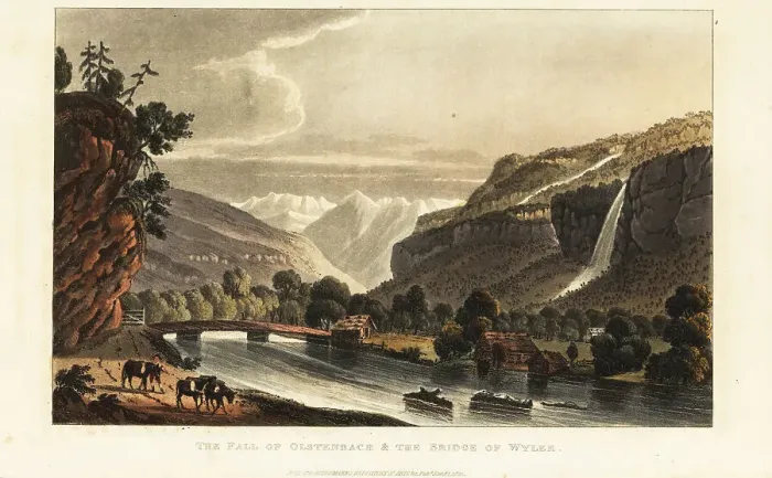 Framed Print : View of the glaciers; alps; waterfall and bridge at Wiler, Switz Framed Print : View of the glaciers; alps; waterfall and bridge at Wiler, Switz