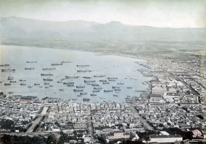 Framed Print : View of Hakodate harbour, Japan, circa 1880s. Date: circa 1880s Framed Print : View of Hakodate harbour, Japan, circa 1880s. Date: circa 1880s
