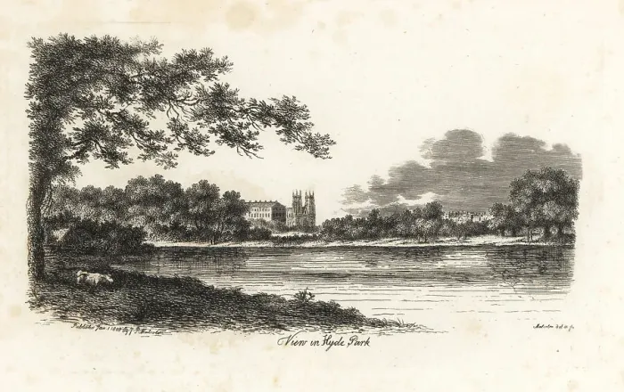 Framed Print : View in Hyde Park, 1808, showing the Serpentine lake and Westmin Framed Print : View in Hyde Park, 1808, showing the Serpentine lake and Westmin