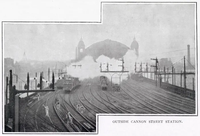 Framed Print : A view from just outside Cannon Street Station, London, with steam trains arriving Framed Print : A view from just outside Cannon Street Station, London, with steam trains arriving