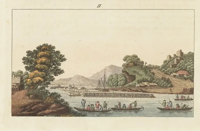 Framed Print : View of a large timber raft on the Rhine near Godesberg Castle Framed Print : View of a large timber raft on the Rhine near Godesberg Castle