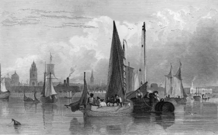 Framed Print : View of Liverpool from the Mersey, with boats Framed Print : View of Liverpool from the Mersey, with boats