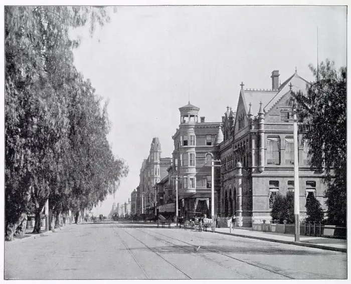 Framed Print : A view along Main Street, Los Angeles. Date: circa 1895 Framed Print : A view along Main Street, Los Angeles. Date: circa 1895