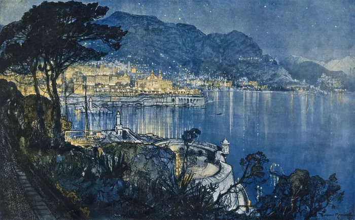 Framed Print : A view of Monte Carlo at night made from the high vantage point of the high gardens of Monaco looking down upon the entrance of the harbour. Date: 1926 Framed Print : A view of Monte Carlo at night made from the high vantage point of the high gardens of Monaco looking down upon the entrance of the harbour. Date: 1926