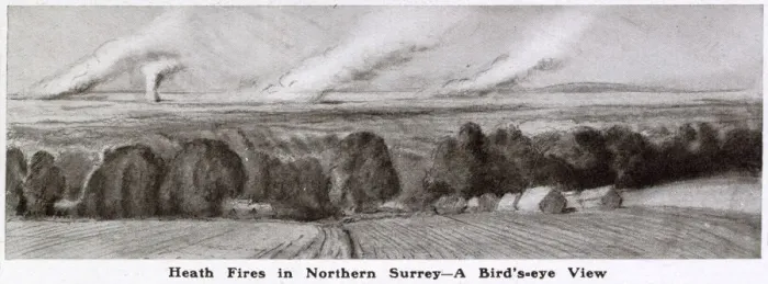 Framed Print : View on the North Downs towards Aldershot, showing fires on the heath during a prolonged Framed Print : View on the North Downs towards Aldershot, showing fires on the heath during a prolonged