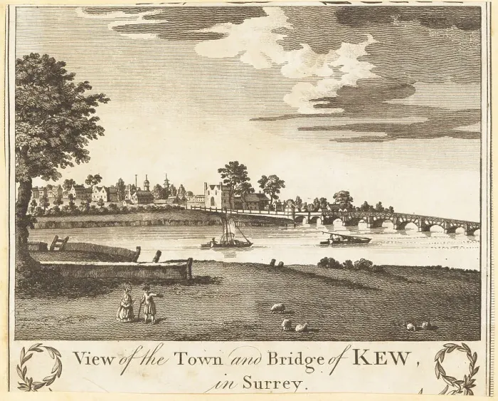 Framed Print : View of the original Kew Bridge, and Kew town, mid-18th century Framed Print : View of the original Kew Bridge, and Kew town, mid-18th century