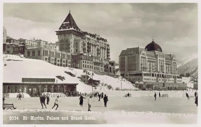 Framed Print : A view of the Palace and the Grand Hotel at St Moritz, 1920s Framed Print : A view of the Palace and the Grand Hotel at St Moritz, 1920s
