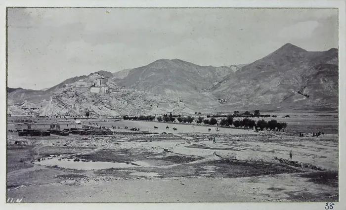 Framed Print : View of polo ground, with fortified monastery or Dzong on a distant hillside, from a fascinating album which reveals new details on a little-known campaign in which a British military force brushed aside Tibetan defences to capture Lhasa, in 1904 Framed Print : View of polo ground, with fortified monastery or Dzong on a distant hillside, from a fascinating album which reveals new details on a little-known campaign in which a British military force brushed aside Tibetan defences to capture Lhasa, in 1904