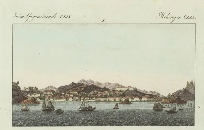 Framed Print : View of the port town of Macau, China, circa 1800s Framed Print : View of the port town of Macau, China, circa 1800s