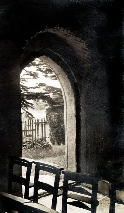 Framed Print : View through the south door, St Bartholomew's Church, in the village of Churchdown, Gloucestershire Date: 1930s Framed Print : View through the south door, St Bartholomew's Church, in the village of Churchdown, Gloucestershire Date: 1930s