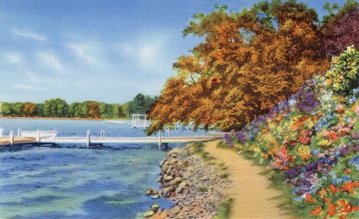 Framed Print : View along the South Shore Path, Lake Geneva, Wisconsin, USA Date: 1936 Framed Print : View along the South Shore Path, Lake Geneva, Wisconsin, USA Date: 1936