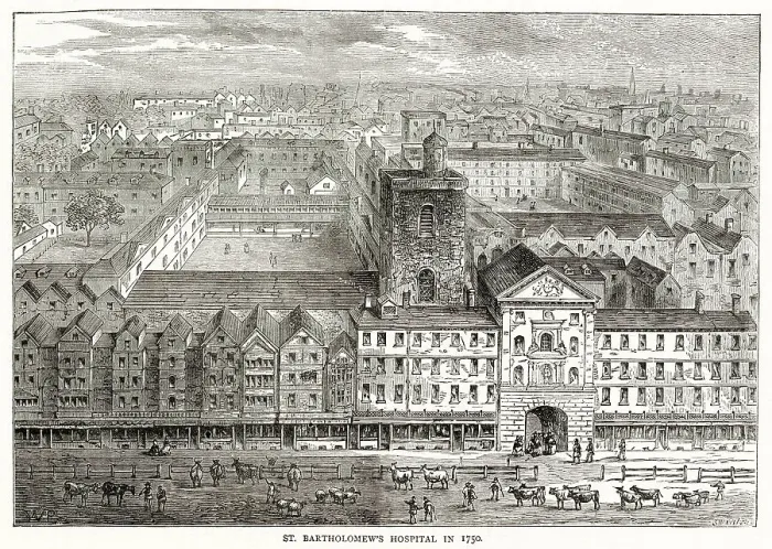 Framed Print : View of St. Bartholomew's Hospital in the City of London. Date: 1750