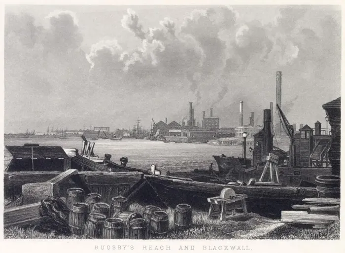 Framed Print : View across the Thames from Bugsbys Reach to Blackwall Date Framed Print : View across the Thames from Bugsbys Reach to Blackwall Date