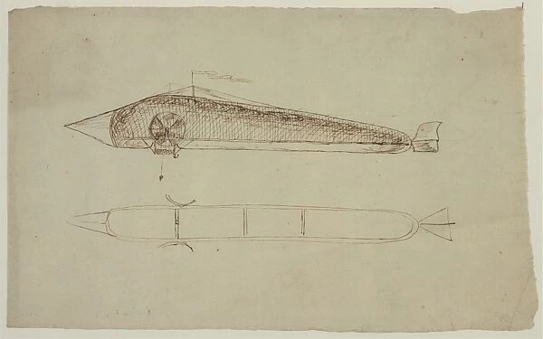 Two views of an airship shaped like a long tube with a point