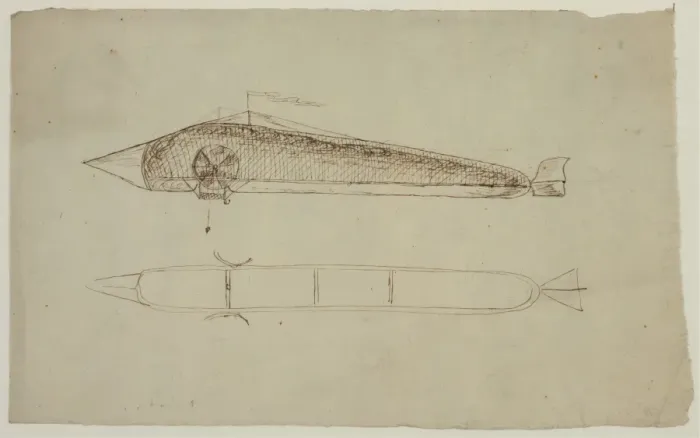 Framed Print : Two views of an airship shaped like a long tube with a point Framed Print : Two views of an airship shaped like a long tube with a point