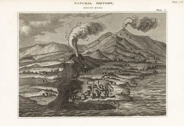 Framed Print : Views of the volcano Mount Etna erupting from two craters, 1669 Framed Print : Views of the volcano Mount Etna erupting from two craters, 1669