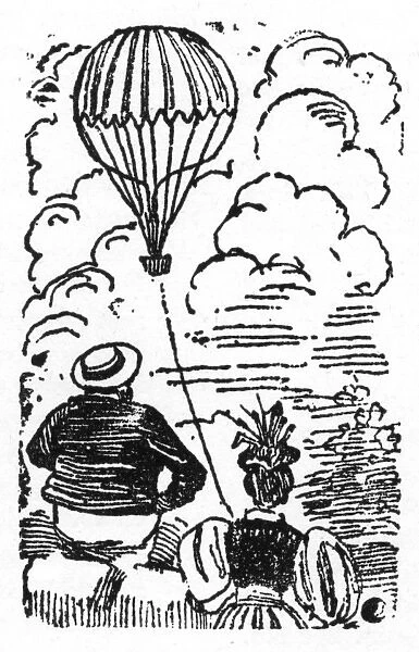 Vignette design, Mexican couple watching a balloon