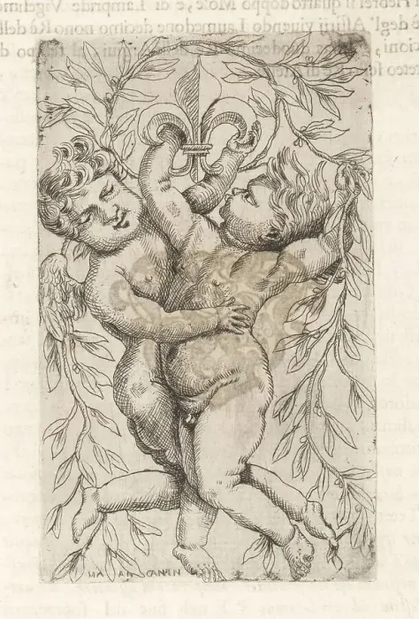 Framed Print : Vignette with two putti holding garlands of laurel leaves under Framed Print : Vignette with two putti holding garlands of laurel leaves under