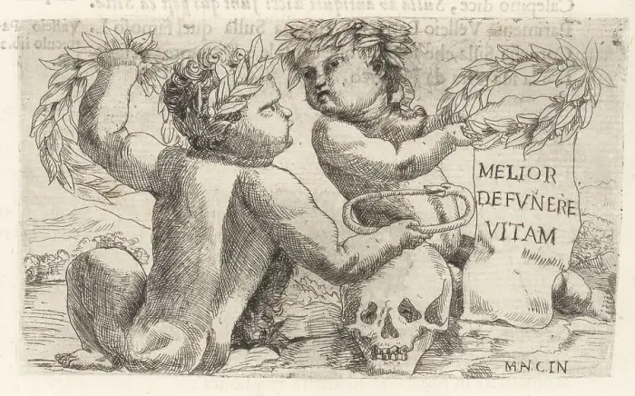 Framed Print : Vignette of two putti in laurel crowns holding an ouroboros over Framed Print : Vignette of two putti in laurel crowns holding an ouroboros over