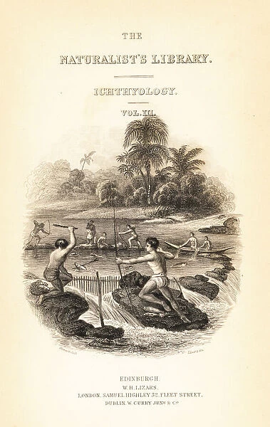 Vignette showing Native Americans fishing