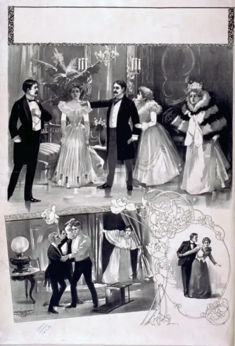 Framed Print : Vignettes of ballroom scene, stabbing attempt, and a couple Framed Print : Vignettes of ballroom scene, stabbing attempt, and a couple