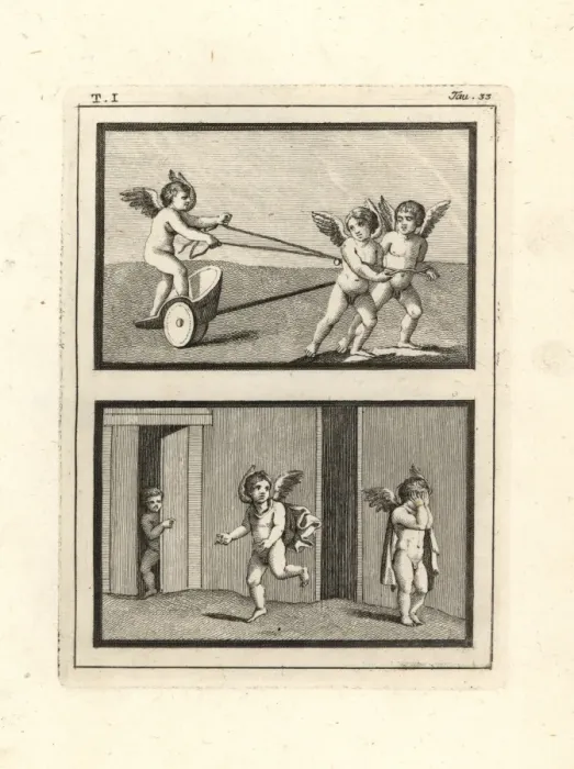 Framed Print : Two vignettes of Cupids or genii playing ancient games Framed Print : Two vignettes of Cupids or genii playing ancient games