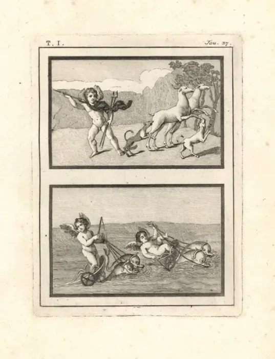 Framed Print : Vignettes of cupids or genii playing at hunting and racing Framed Print : Vignettes of cupids or genii playing at hunting and racing