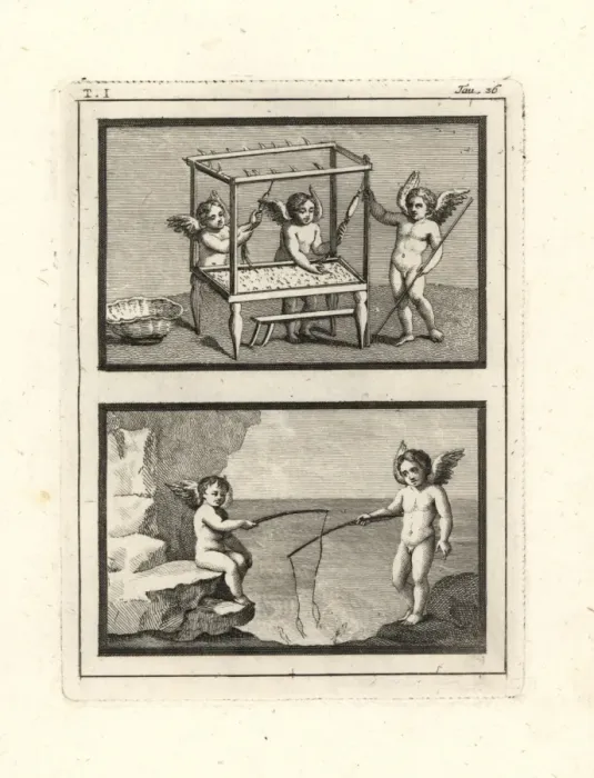 Framed Print : Vignettes of Cupids playing and working Framed Print : Vignettes of Cupids playing and working