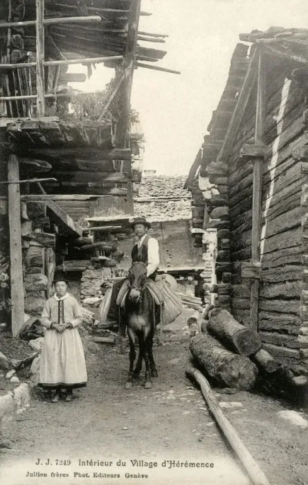 Framed Print : Village of d Heremence, Switzerland - Woman and Mule Rider Framed Print : Village of d Heremence, Switzerland - Woman and Mule Rider