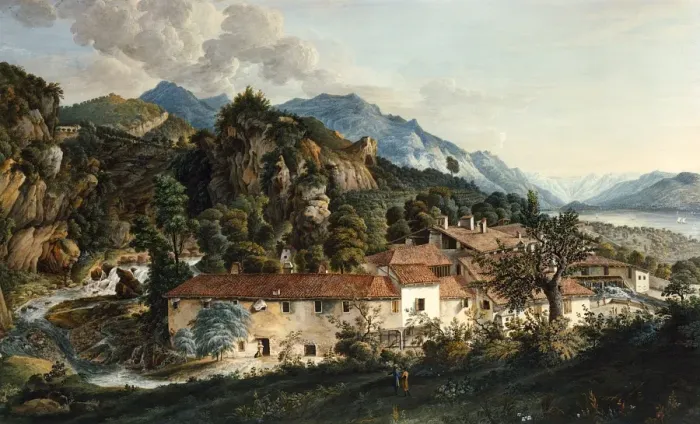 Framed Print : A Village in a Mountainous Landscape, by Alfieri Framed Print : A Village in a Mountainous Landscape, by Alfieri