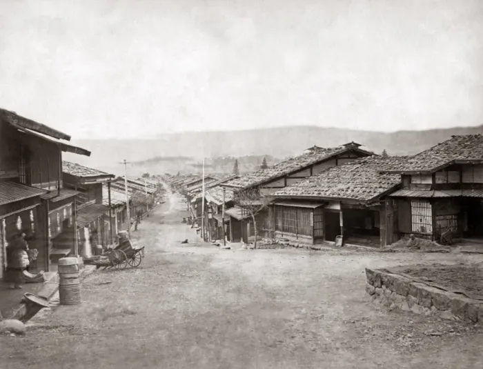 Framed Print : Village scene, Japan, circa 1870s Framed Print : Village scene, Japan, circa 1870s