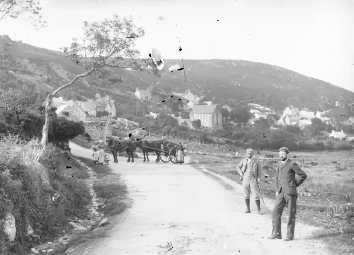 Framed Print : Village scene with people and horses in Mid or South Wales Framed Print : Village scene with people and horses in Mid or South Wales