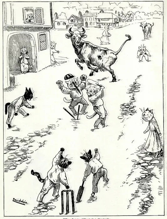 Framed Print : Village Sports, Howzat Umpire, Comical Cats by Louis Wain Framed Print : Village Sports, Howzat Umpire, Comical Cats by Louis Wain