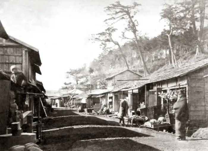 Framed Print : Village street, Japan, 1870s