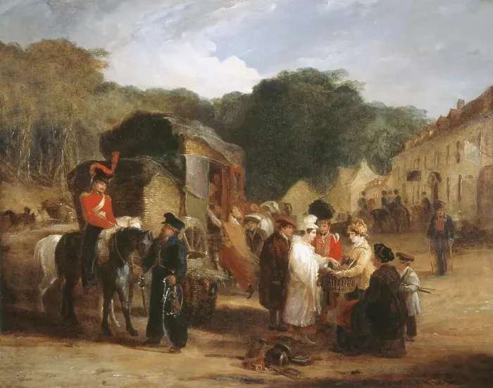 Framed Print : The Village of Waterloo, with travellers purchasing relics Framed Print : The Village of Waterloo, with travellers purchasing relics