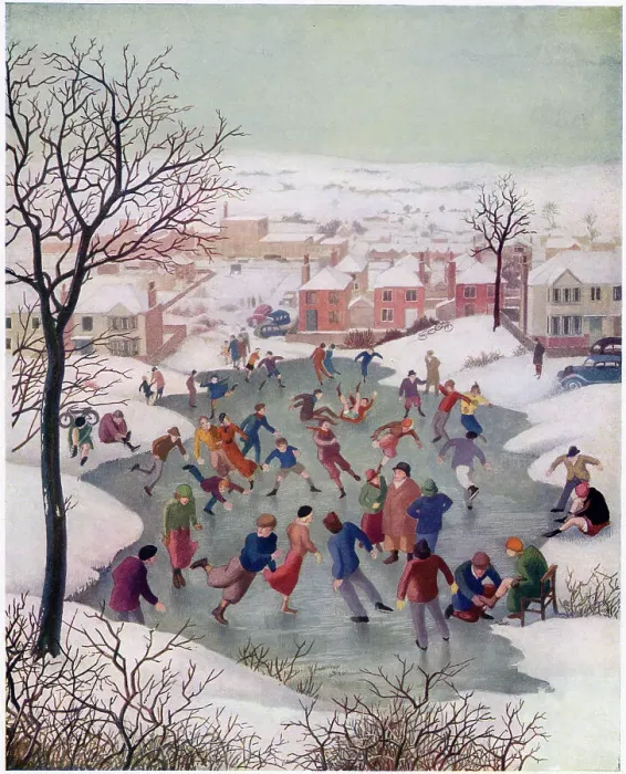 Framed Print : Villagers enjoy skating on their local pond in the depths of winter. See picture no. 14007281 for the same view in summer. Date: 1940 Framed Print : Villagers enjoy skating on their local pond in the depths of winter. See picture no. 14007281 for the same view in summer. Date: 1940