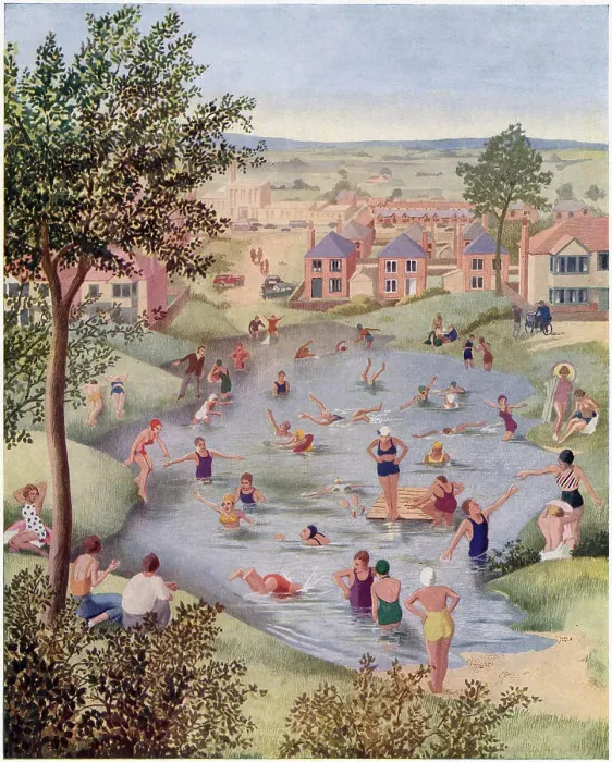 Framed Print : Villagers enjoy swimming in their local pond on a hot summer's day. See picture no. 14007282 to see a companion picture of the pond in winter. Date: 1940 Framed Print : Villagers enjoy swimming in their local pond on a hot summer's day. See picture no. 14007282 to see a companion picture of the pond in winter. Date: 1940