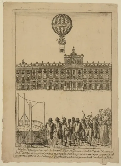 Framed Print : Vincente Lunardi ascending from the Royal Palace, Madrid Framed Print : Vincente Lunardi ascending from the Royal Palace, Madrid