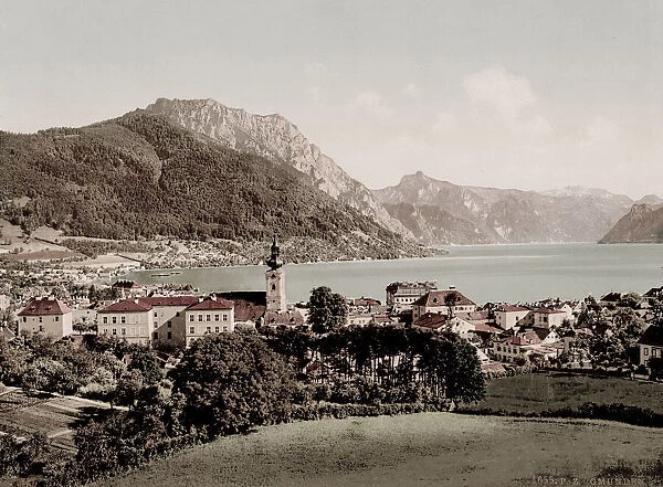 Vintage 19th century  /  1900 photograph: town and lake, Gmunden, Austria