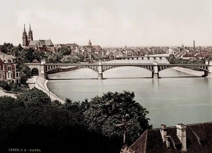 Framed Print : Vintage 19th century / 1900 photograph: Basel, Switzerland, city river and bridges Framed Print : Vintage 19th century / 1900 photograph: Basel, Switzerland, city river and bridges