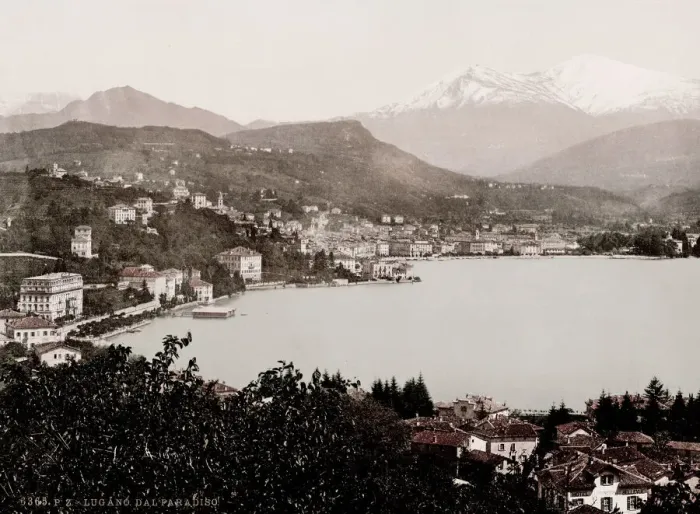 Framed Print : Vintage 19th century / 1900 photograph: town and lake of Lugano, Italy Framed Print : Vintage 19th century / 1900 photograph: town and lake of Lugano, Italy