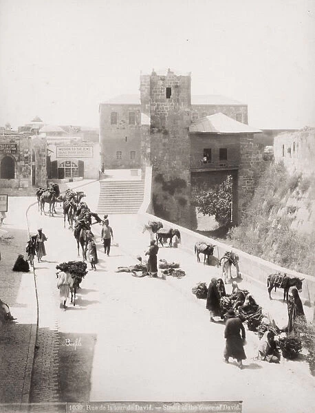 Vintage 19th century photograph: street of the Tower of David, Jerusalem, Holy Land