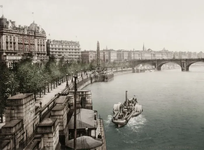 Framed Print : Vintage 19th century photograph: boat along the River Thames Embankment, London Framed Print : Vintage 19th century photograph: boat along the River Thames Embankment, London