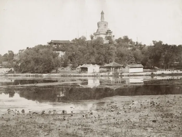 Framed Print : Vintage 19th century photograph: Buddhist stupa and lake, Peking, Beijing, China Framed Print : Vintage 19th century photograph: Buddhist stupa and lake, Peking, Beijing, China