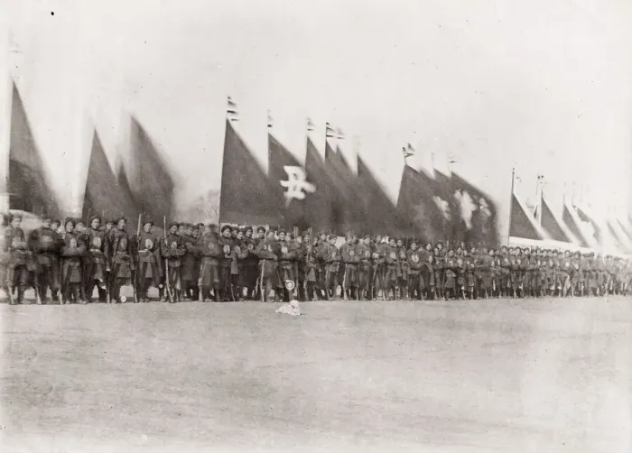 Framed Print : Vintage 19th century photograph: Chinese soldiers, army, with banners, China Framed Print : Vintage 19th century photograph: Chinese soldiers, army, with banners, China