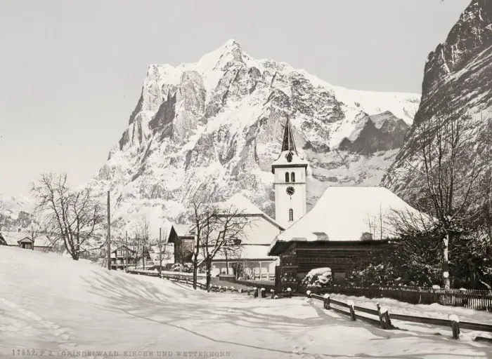 Framed Print : Vintage 19th century photograph: church Grindelwald, Wetterhorn mountain, in the snow Framed Print : Vintage 19th century photograph: church Grindelwald, Wetterhorn mountain, in the snow