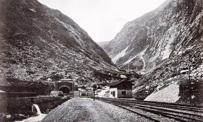 Framed Print : Vintage 19th century photograph - entrance to the St Gotthard tunnel, railway line Framed Print : Vintage 19th century photograph - entrance to the St Gotthard tunnel, railway line
