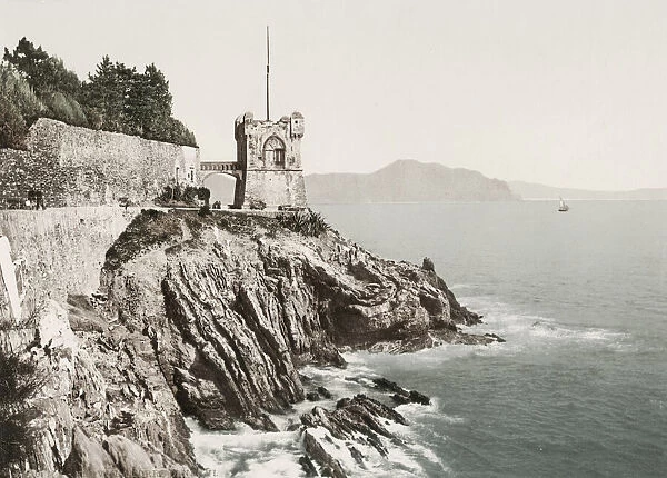 Vintage 19th century photograph: Gropallo Tower, Nervi Genoa, Genova, Italy
