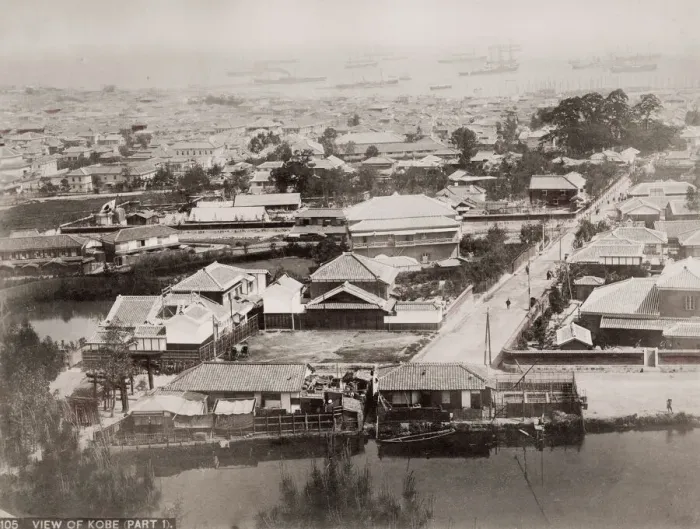 Framed Print : Vintage 19th century photograph: high angled view of Kobe, Japan Framed Print : Vintage 19th century photograph: high angled view of Kobe, Japan