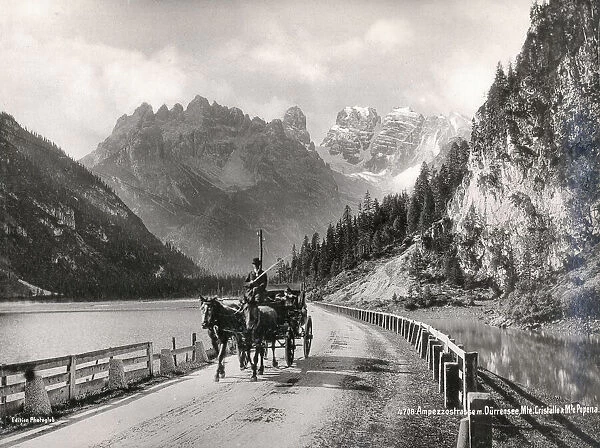Vintage 19th century photograph - horse and carriage on the road at Ampezzo